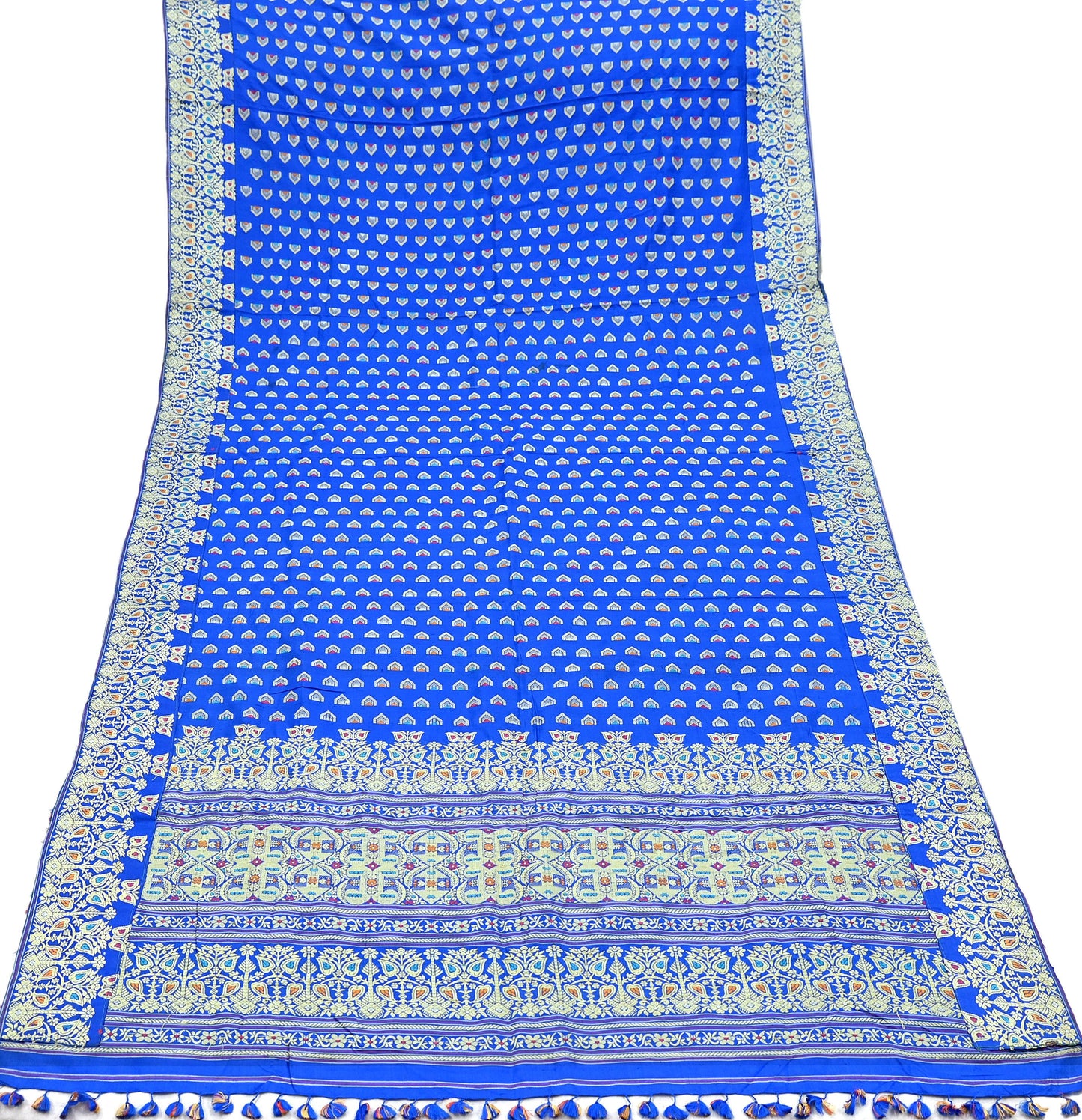Indian Antique Vintage Heavy Blue Dupatta Pure Silk Long Stole Hand Woven Assam Scarves Veil Scarf Fringes