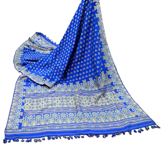 Indian Antique Vintage Heavy Blue Dupatta Pure Silk Long Stole Hand Woven Assam Scarves Veil Scarf Fringes