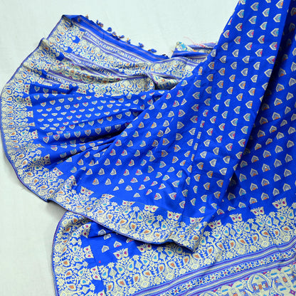 Indian Antique Vintage Heavy Blue Dupatta Pure Silk Long Stole Hand Woven Assam Scarves Veil Scarf Fringes