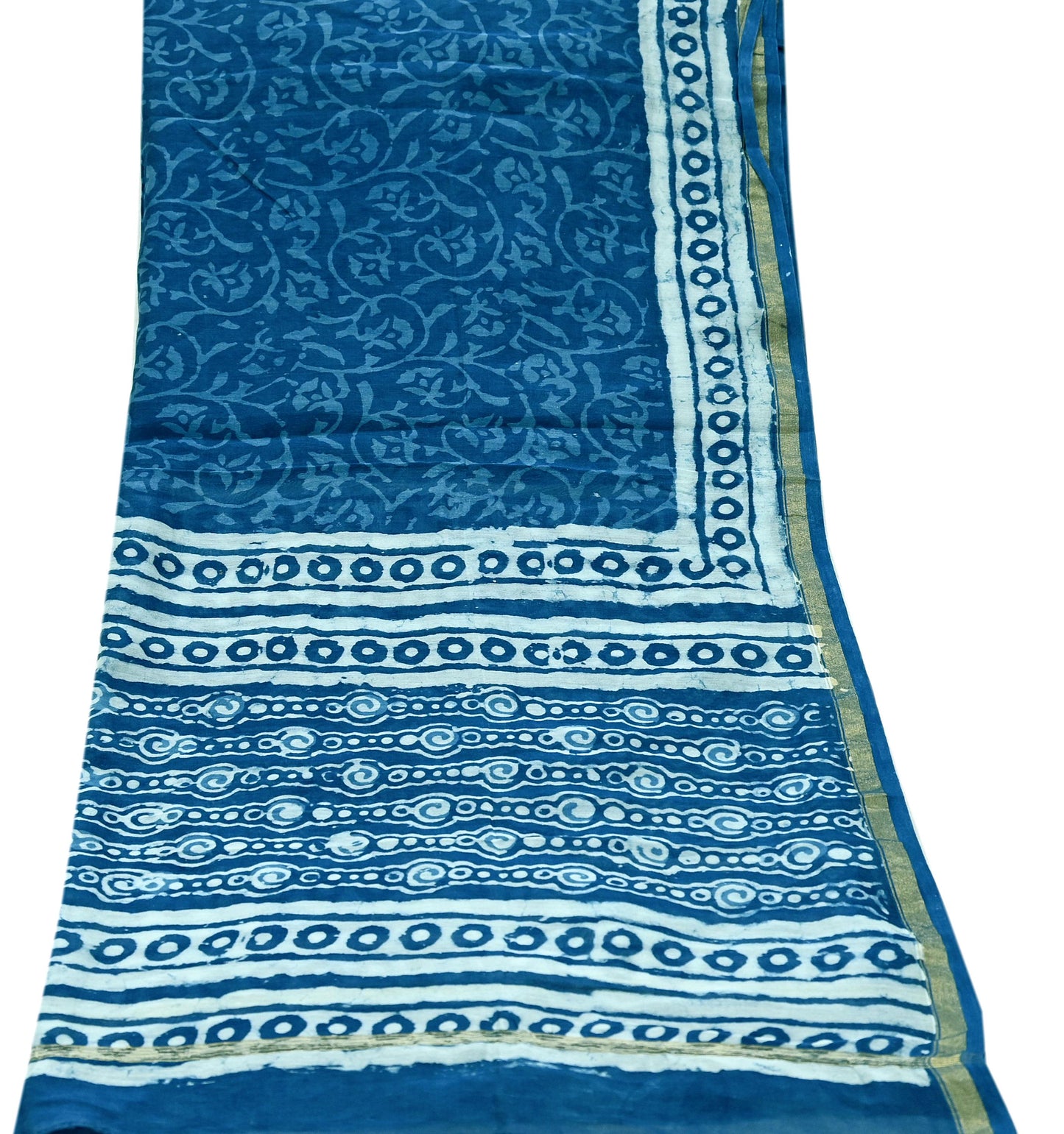 Indian Vintage Dupatta Blue Dupatta Long Stole Block Print Pure Chanderi Silk Scarves Veil Golden Zari