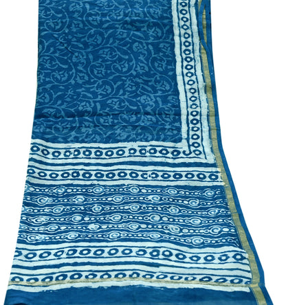 Indian Vintage Dupatta Blue Dupatta Long Stole Block Print Pure Chanderi Silk Scarves Veil Golden Zari