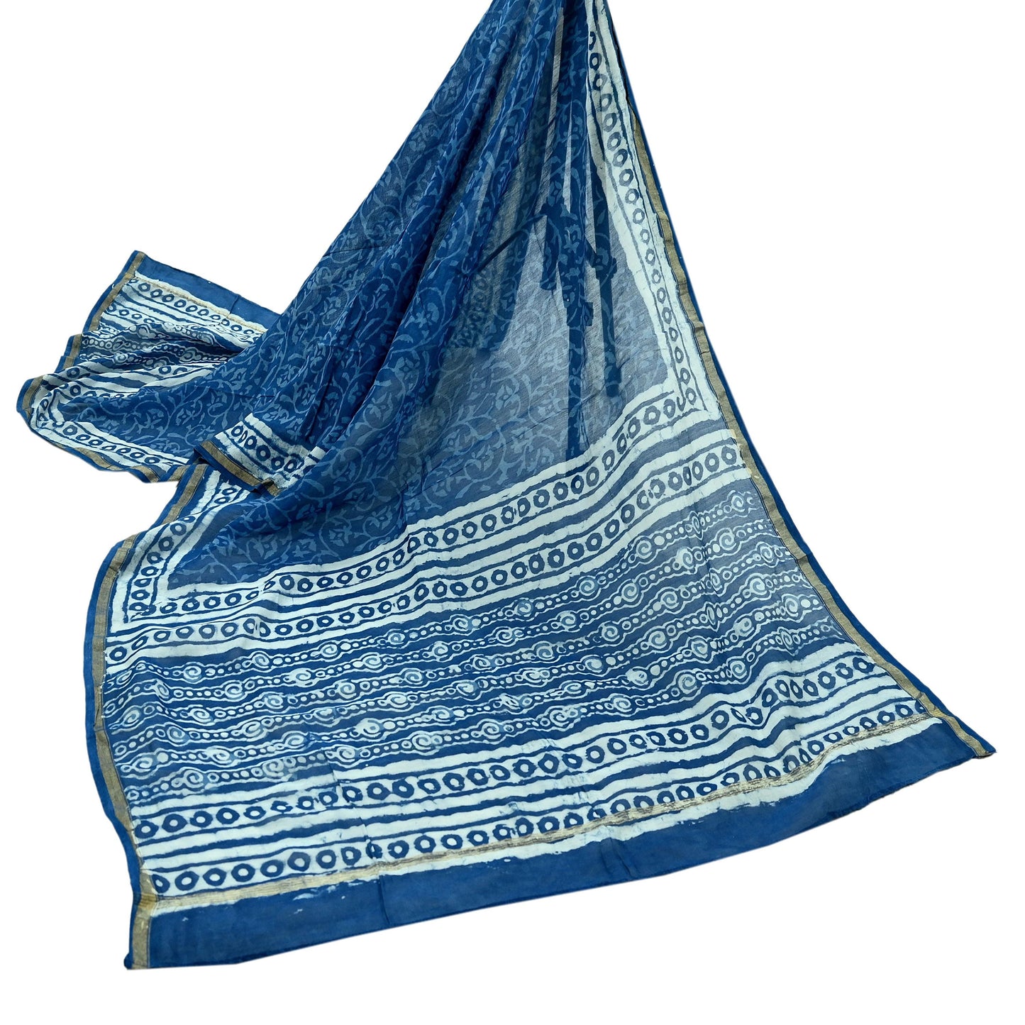 Indian Vintage Dupatta Blue Dupatta Long Stole Block Print Pure Chanderi Silk Scarves Veil Golden Zari