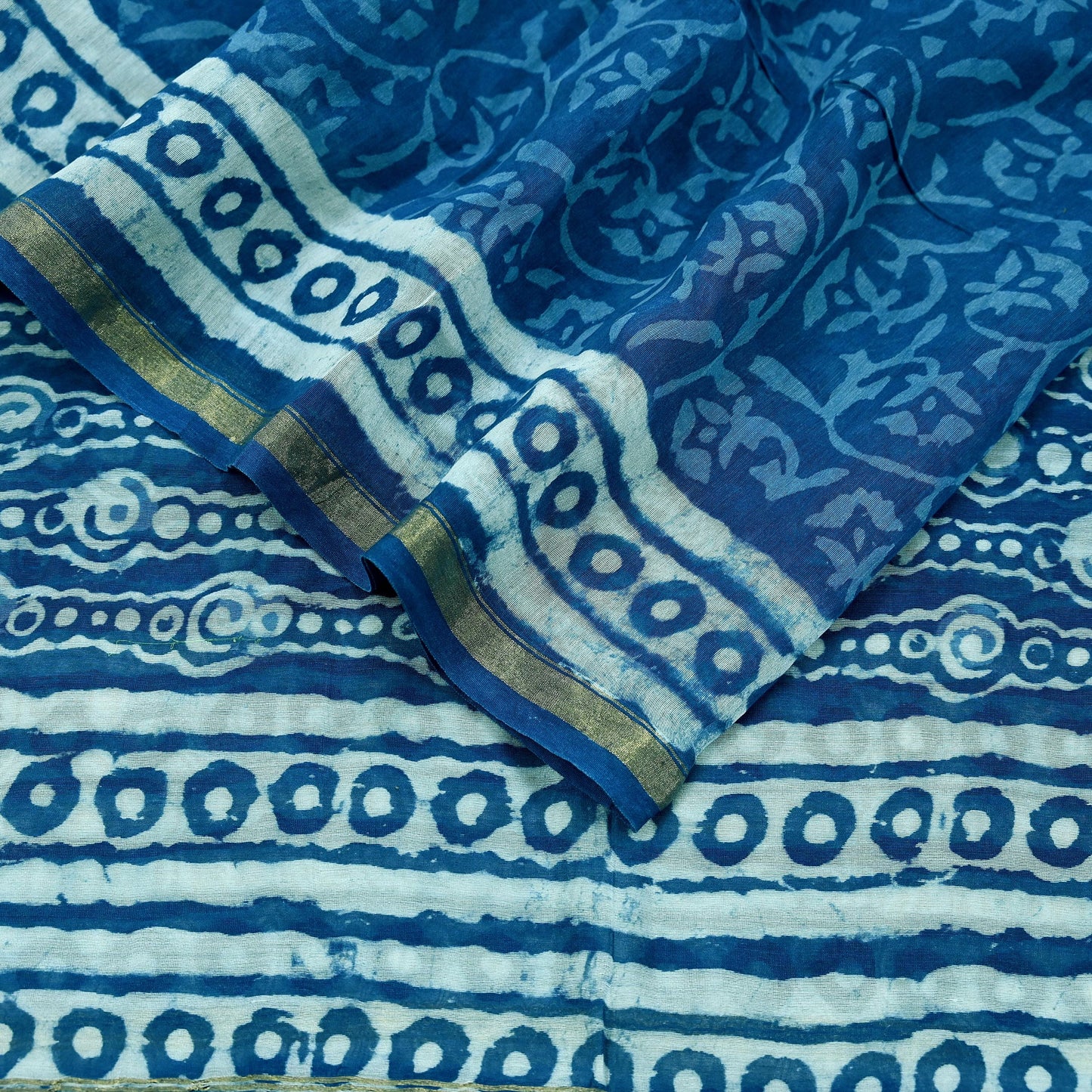 Indian Vintage Dupatta Blue Dupatta Long Stole Block Print Pure Chanderi Silk Scarves Veil Golden Zari