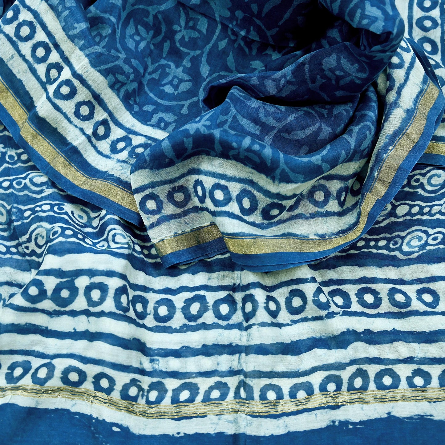 Indian Vintage Dupatta Blue Dupatta Long Stole Block Print Pure Chanderi Silk Scarves Veil Golden Zari