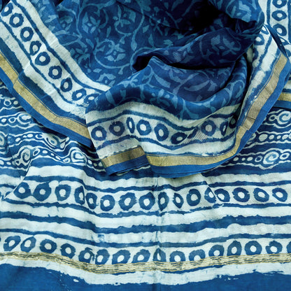 Indian Vintage Dupatta Blue Dupatta Long Stole Block Print Pure Chanderi Silk Scarves Veil Golden Zari