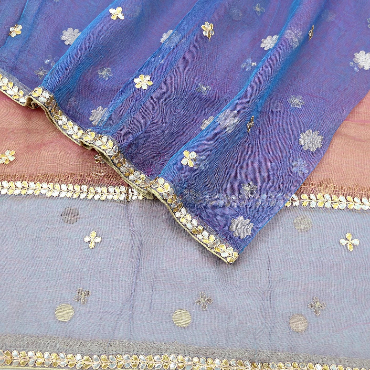 Indian Vintage Blue & Peach Dupatta Net Mesh Long Stole Hand Embroidered Gota Patti Scarves Veil