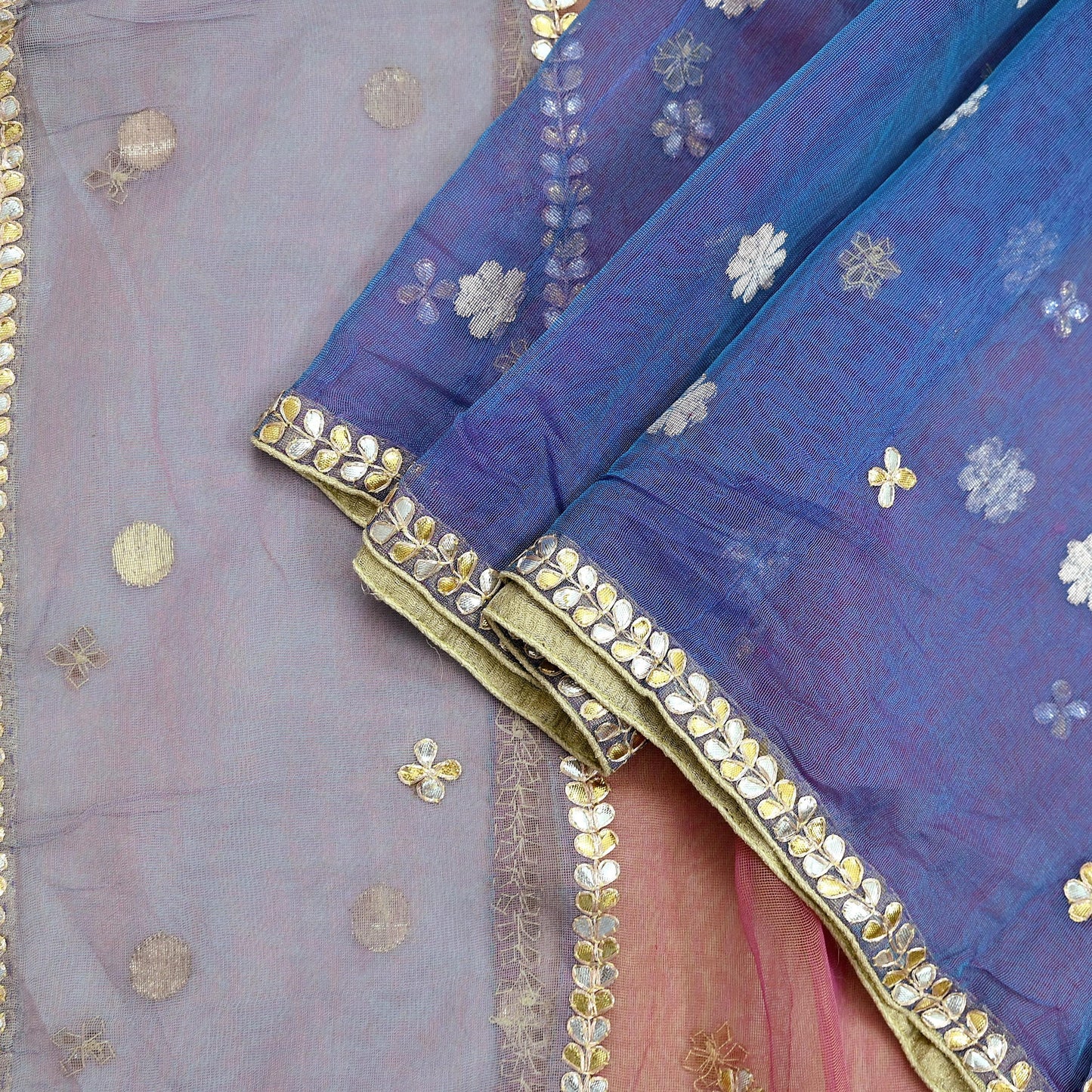 Indian Vintage Blue & Peach Dupatta Net Mesh Long Stole Hand Embroidered Gota Patti Scarves Veil
