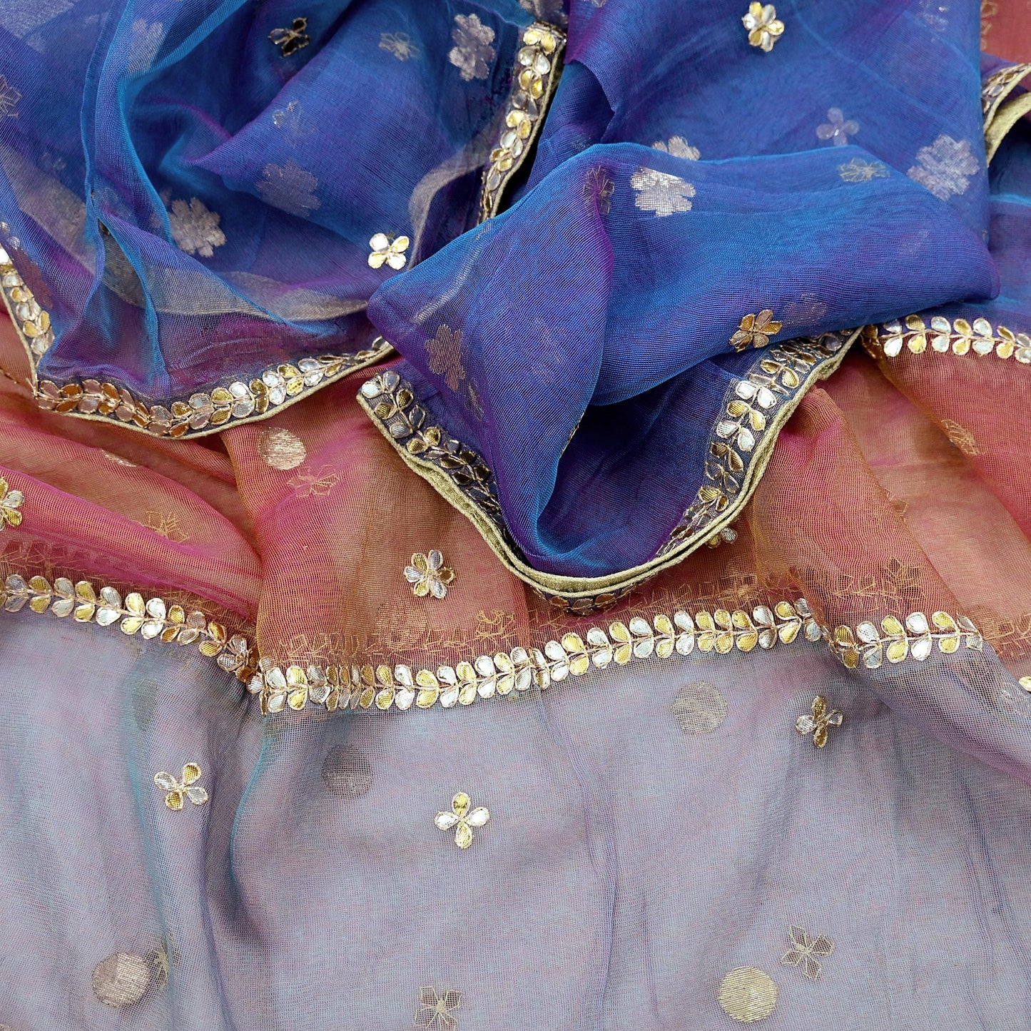 Indian Vintage Blue & Peach Dupatta Net Mesh Long Stole Hand Embroidered Gota Patti Scarves Veil
