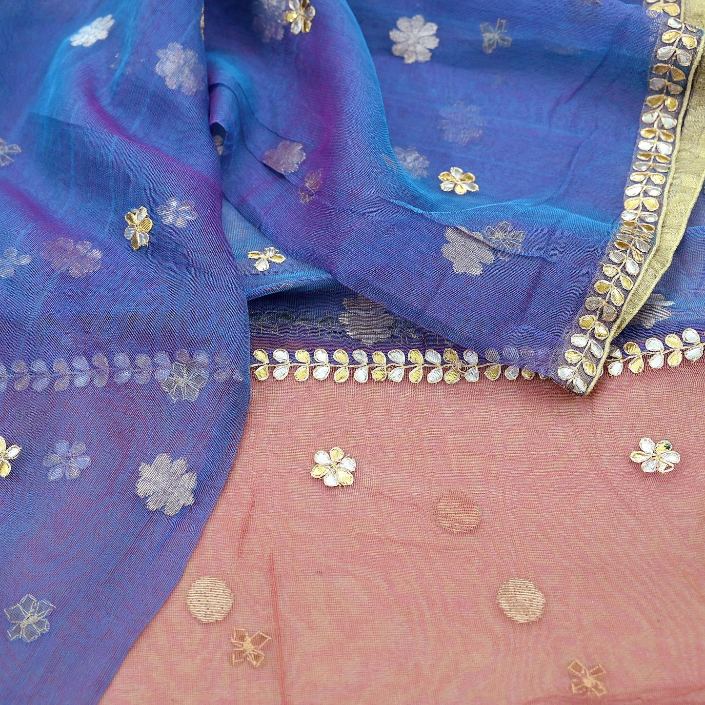 Indian Vintage Blue & Peach Dupatta Net Mesh Long Stole Hand Embroidered Gota Patti Scarves Veil