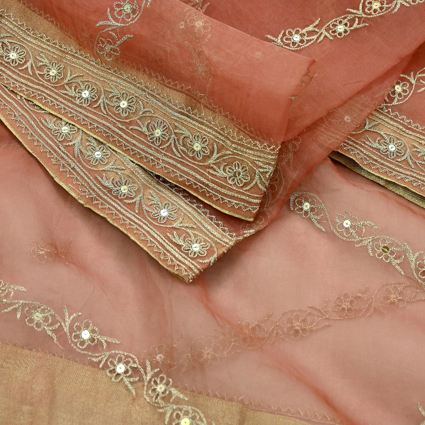 Indian Vintage Dupatta Peach Pure Organza Silk Long Stole Hand Embroidered Scarves Veil Zari Sequins