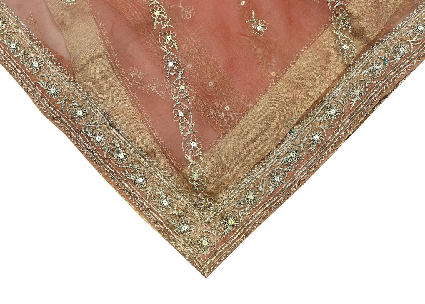 Indian Vintage Dupatta Peach Pure Organza Silk Long Stole Hand Embroidered Scarves Veil Zari Sequins