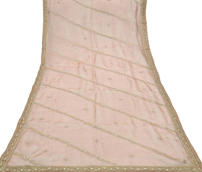 Indian Vintage Dupatta Peach Pure Organza Silk Long Stole Hand Embroidered Scarves Veil Zari Sequins