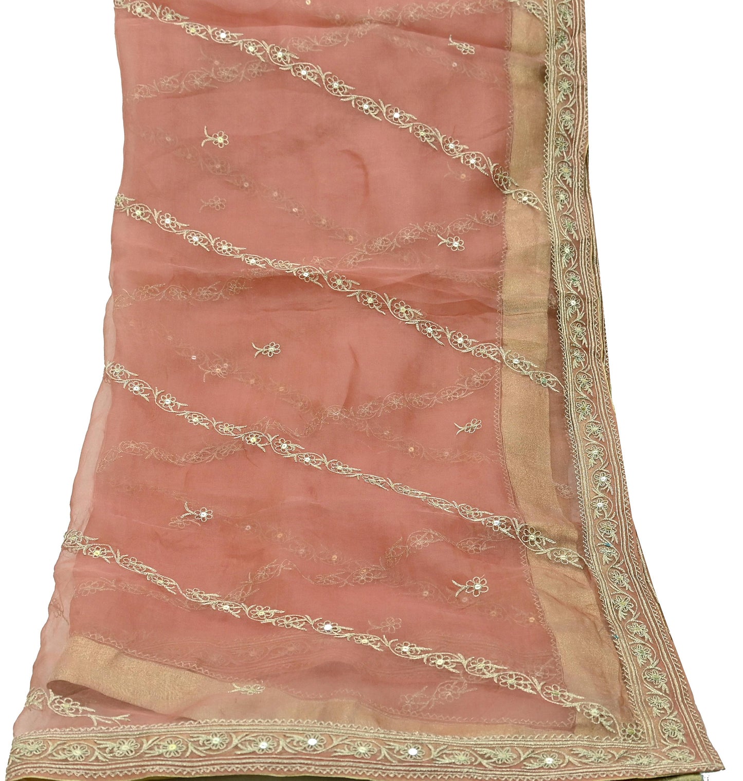 Indian Vintage Dupatta Peach Pure Organza Silk Long Stole Hand Embroidered Scarves Veil Zari Sequins