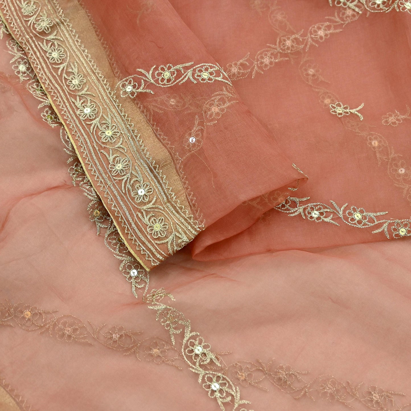 Indian Vintage Dupatta Peach Pure Organza Silk Long Stole Hand Embroidered Scarves Veil Zari Sequins