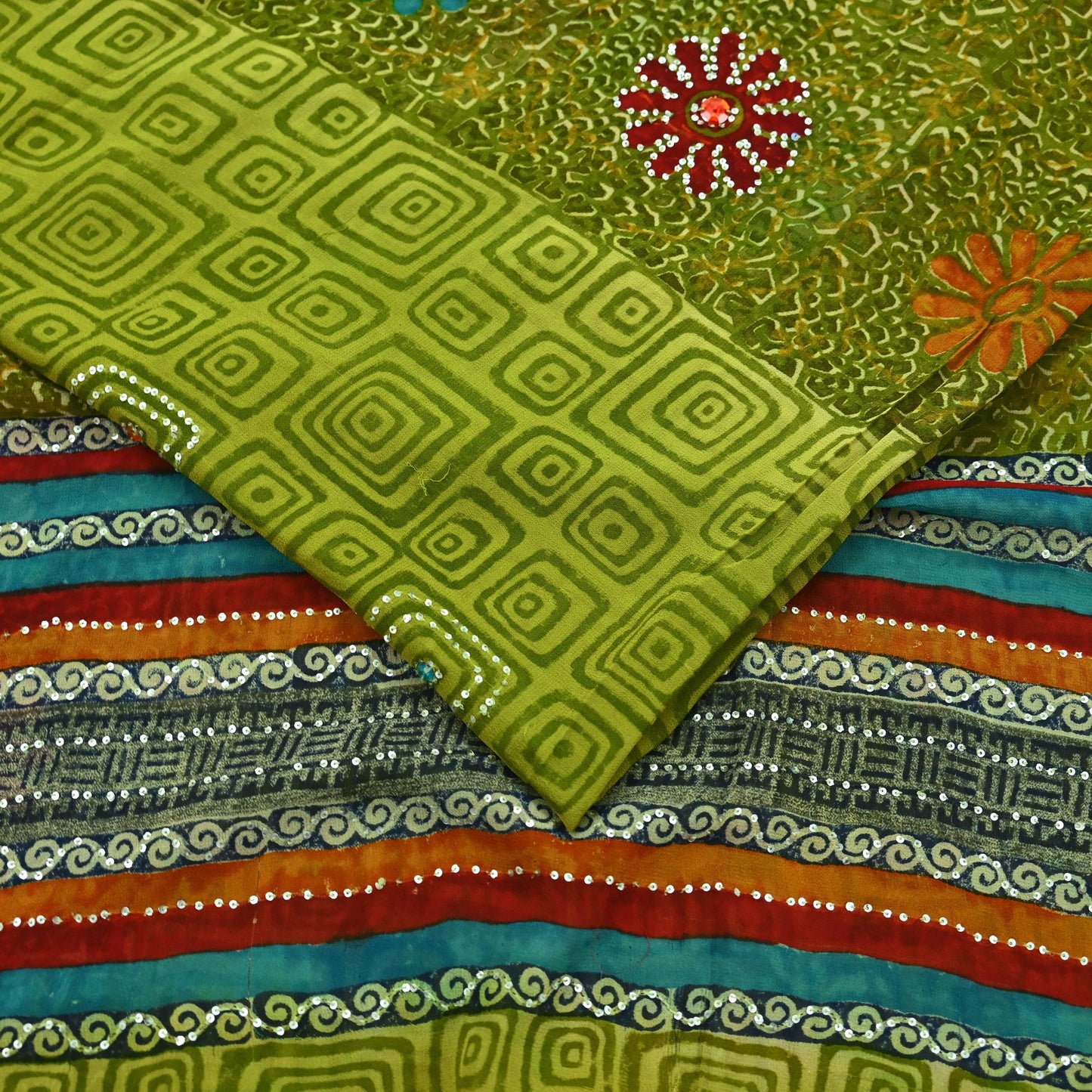 Indian Vintage Green Saree Pure Georgette Silk Hand Embroidered Printed Sari Craft Fabric Sewing 6Yard Soft Light Dress Making Floral