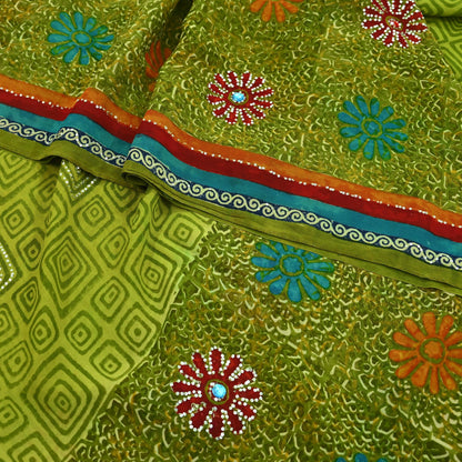 Indian Vintage Green Saree Pure Georgette Silk Hand Embroidered Printed Sari Craft Fabric Sewing 6Yard Soft Light Dress Making Floral