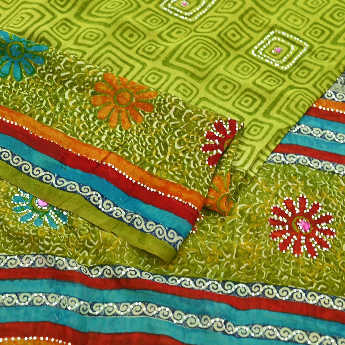 Indian Vintage Green Saree Pure Georgette Silk Hand Embroidered Printed Sari Craft Fabric Sewing 6Yard Soft Light Dress Making Floral