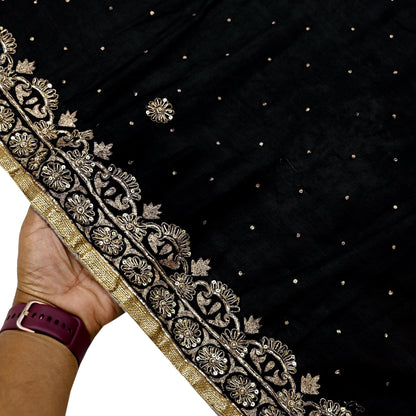 Indian Vintage Black Dupatta Pure silk Long Stole Hand Embroidered Scarves Floral Design Stole Veil Wrap Zari Zardozi
