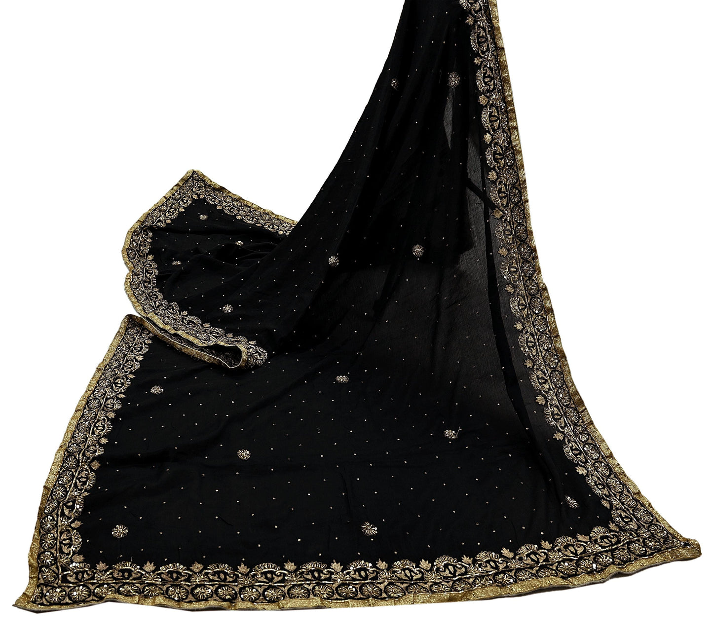 Indian Vintage Black Dupatta Pure silk Long Stole Hand Embroidered Scarves Floral Design Stole Veil Wrap Zari Zardozi
