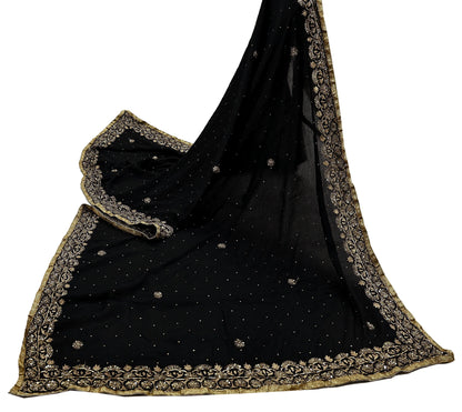 Indian Vintage Black Dupatta Pure silk Long Stole Hand Embroidered Scarves Floral Design Stole Veil Wrap Zari Zardozi