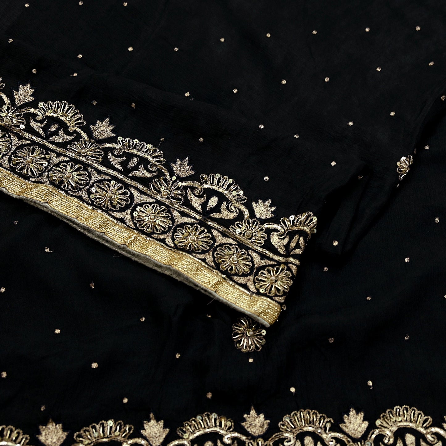 Indian Vintage Black Dupatta Pure silk Long Stole Hand Embroidered Scarves Floral Design Stole Veil Wrap Zari Zardozi