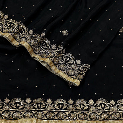 Indian Vintage Black Dupatta Pure silk Long Stole Hand Embroidered Scarves Floral Design Stole Veil Wrap Zari Zardozi
