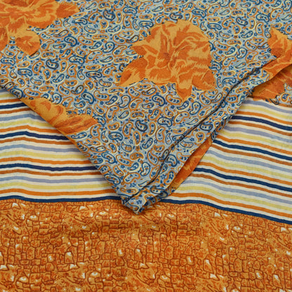 Indian Vintage Sari Saffron & Gray Pure Georgette Silk Printed Sarees Craft Fabric Sewing 5Yard Soft Light Dress Making Abstract