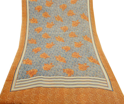 Indian Vintage Sari Saffron & Gray Pure Georgette Silk Printed Sarees Craft Fabric Sewing 5Yard Soft Light Dress Making Abstract