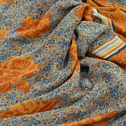 Indian Vintage Sari Saffron & Gray Pure Georgette Silk Printed Sarees Craft Fabric Sewing 5Yard Soft Light Dress Making Abstract