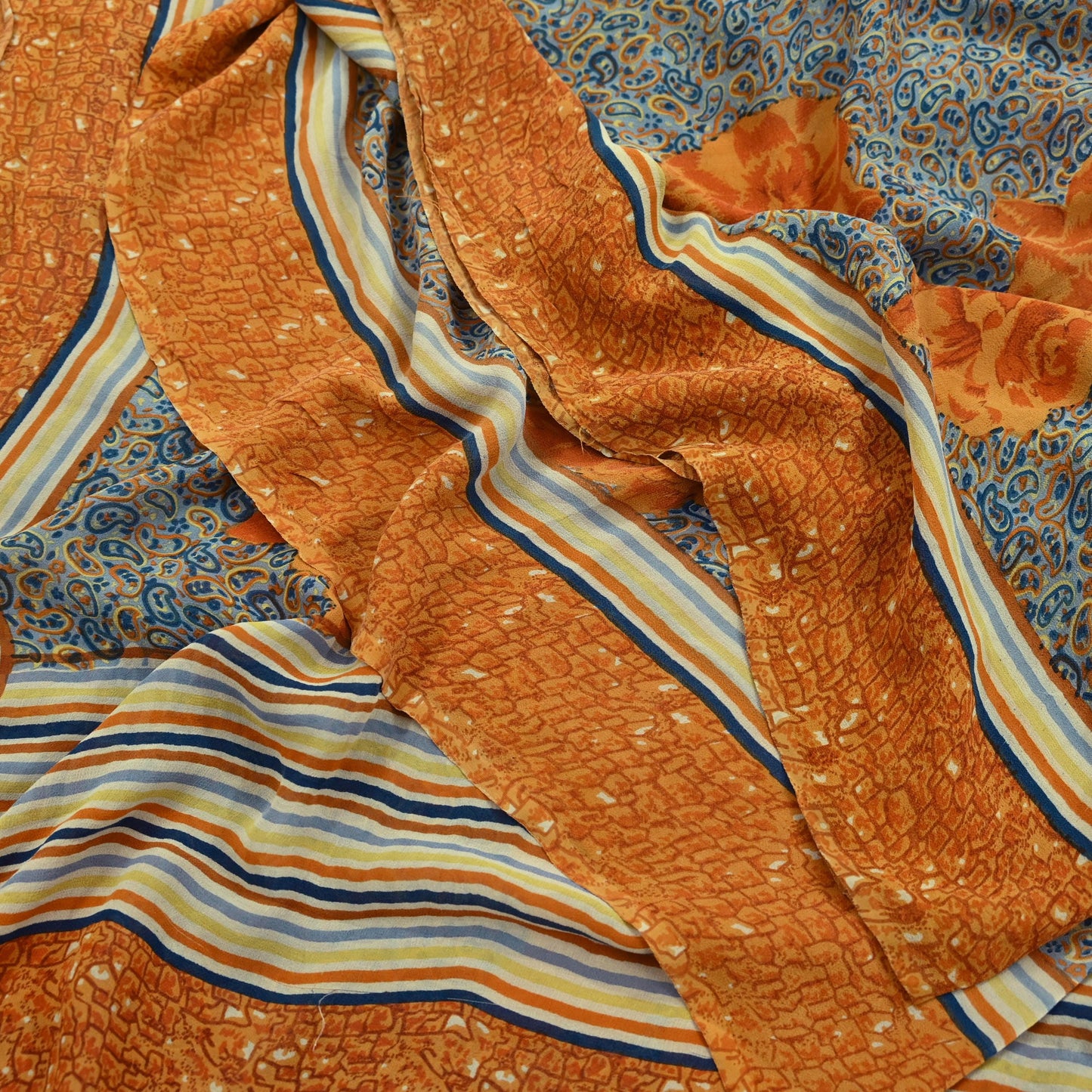 Indian Vintage Sari Saffron & Gray Pure Georgette Silk Printed Sarees Craft Fabric Sewing 5Yard Soft Light Dress Making Abstract