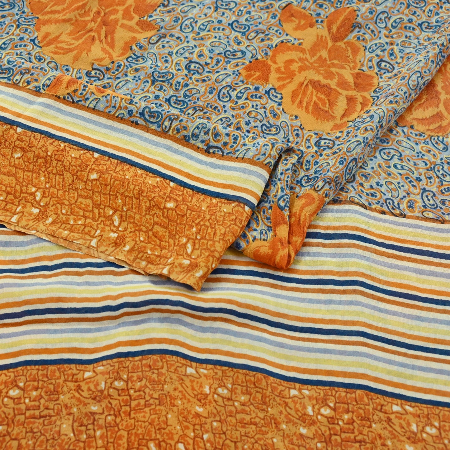 Indian Vintage Sari Saffron & Gray Pure Georgette Silk Printed Sarees Craft Fabric Sewing 5Yard Soft Light Dress Making Abstract