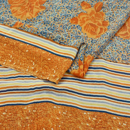 Indian Vintage Sari Saffron & Gray Pure Georgette Silk Printed Sarees Craft Fabric Sewing 5Yard Soft Light Dress Making Abstract