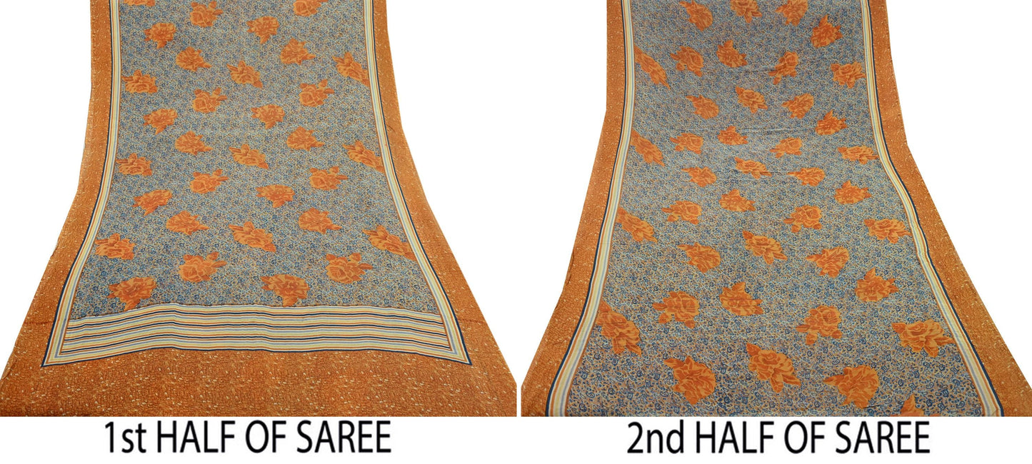 Indian Vintage Sari Saffron & Gray Pure Georgette Silk Printed Sarees Craft Fabric Sewing 5Yard Soft Light Dress Making Abstract