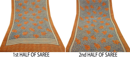 Indian Vintage Sari Saffron & Gray Pure Georgette Silk Printed Sarees Craft Fabric Sewing 5Yard Soft Light Dress Making Abstract