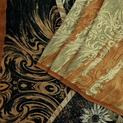 Indian Vintage Sari Beige & Black Pure Georgette Silk Printed Sarees Craft Fabric Sewing 5Yd Soft Dress Making Crafting Quilting Upcycle