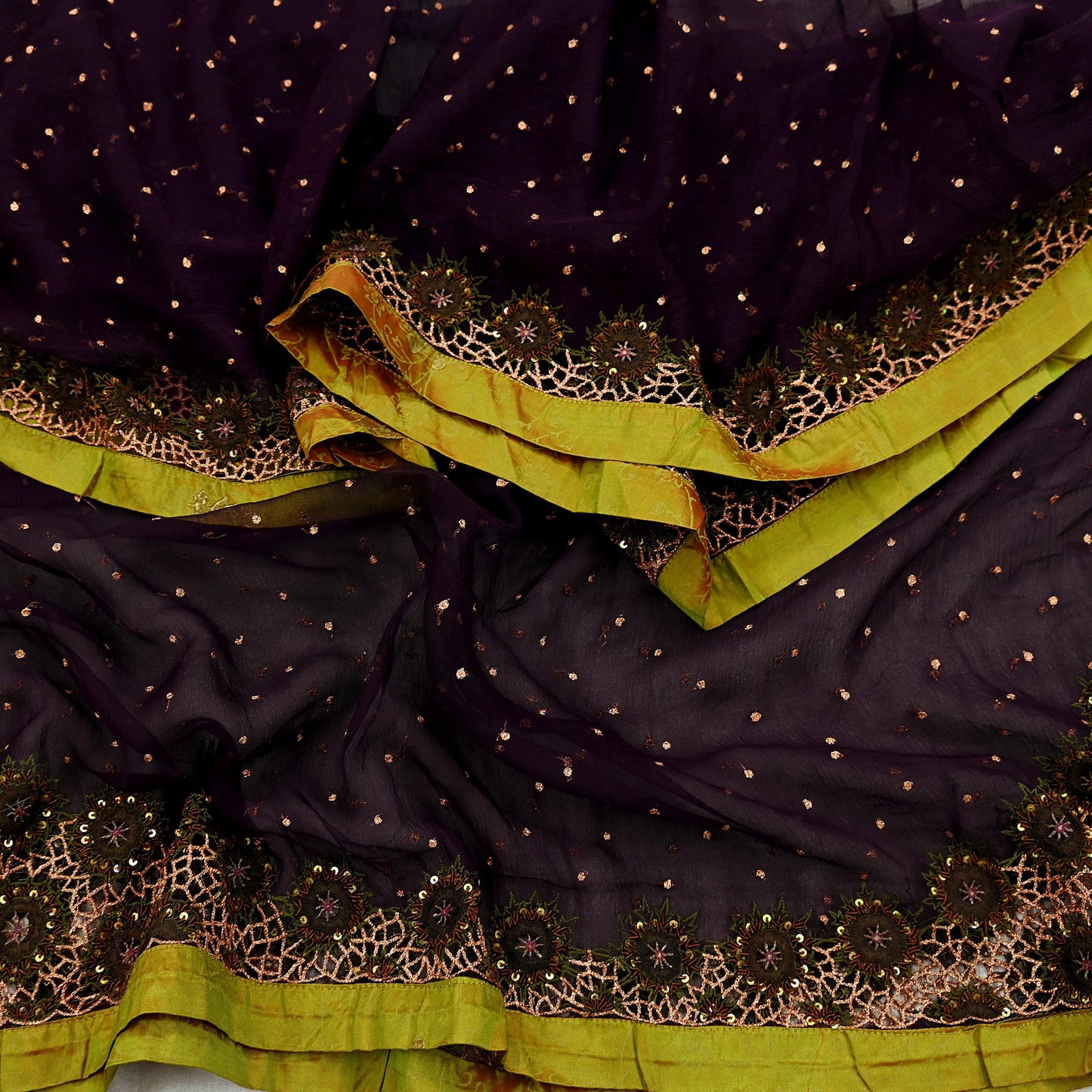 Indian Vintage Purple Dupatta Pure Chiffon silk Long Stole Hand Embroidered Scarves Floral Design Stole Veil Wrap Zari Zardozi
