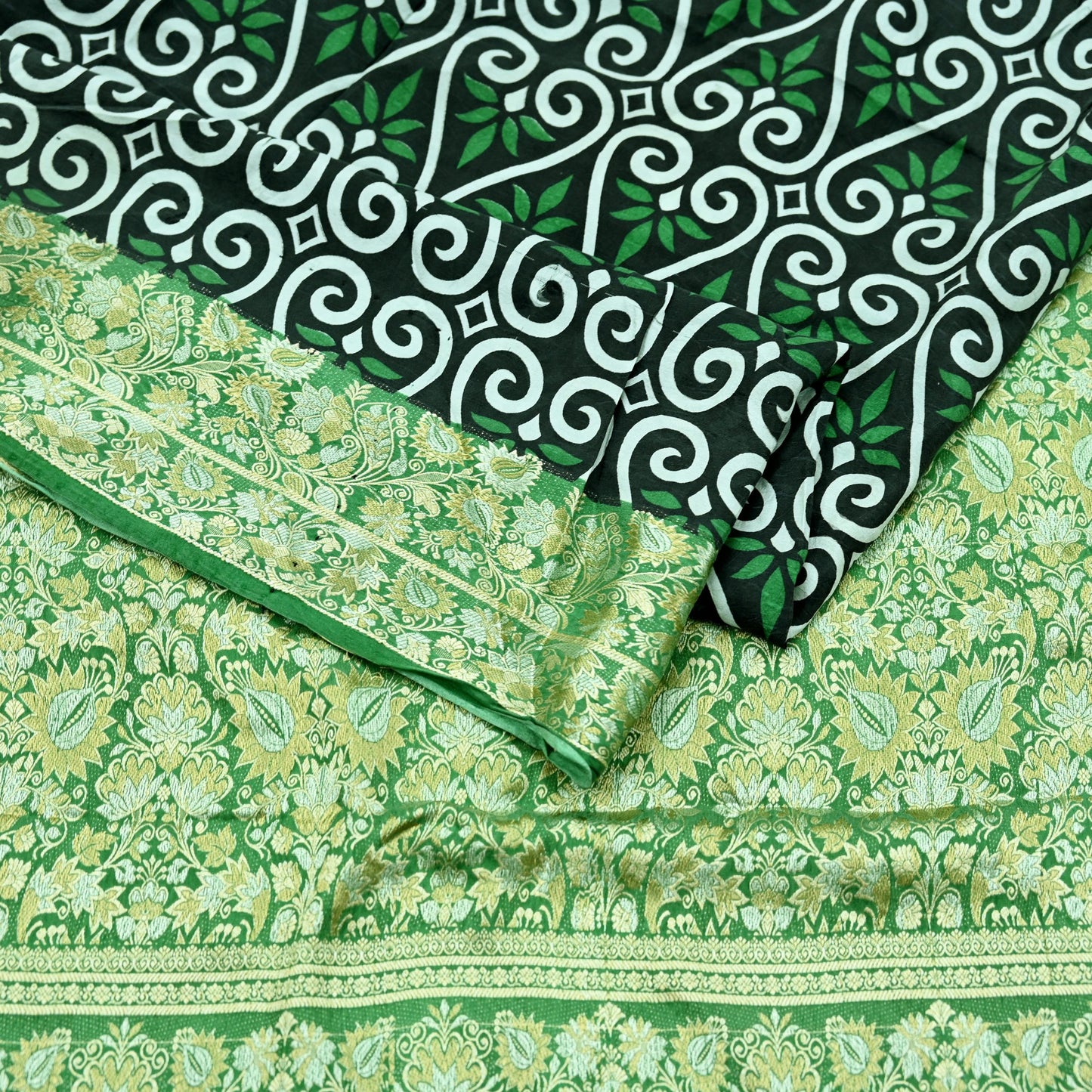 Indian Vintage White & Green Saree 100% Pure Silk Woven Printed Sari Craft Fabric  Sewing Soft Dress Designing for Crafting Quilting