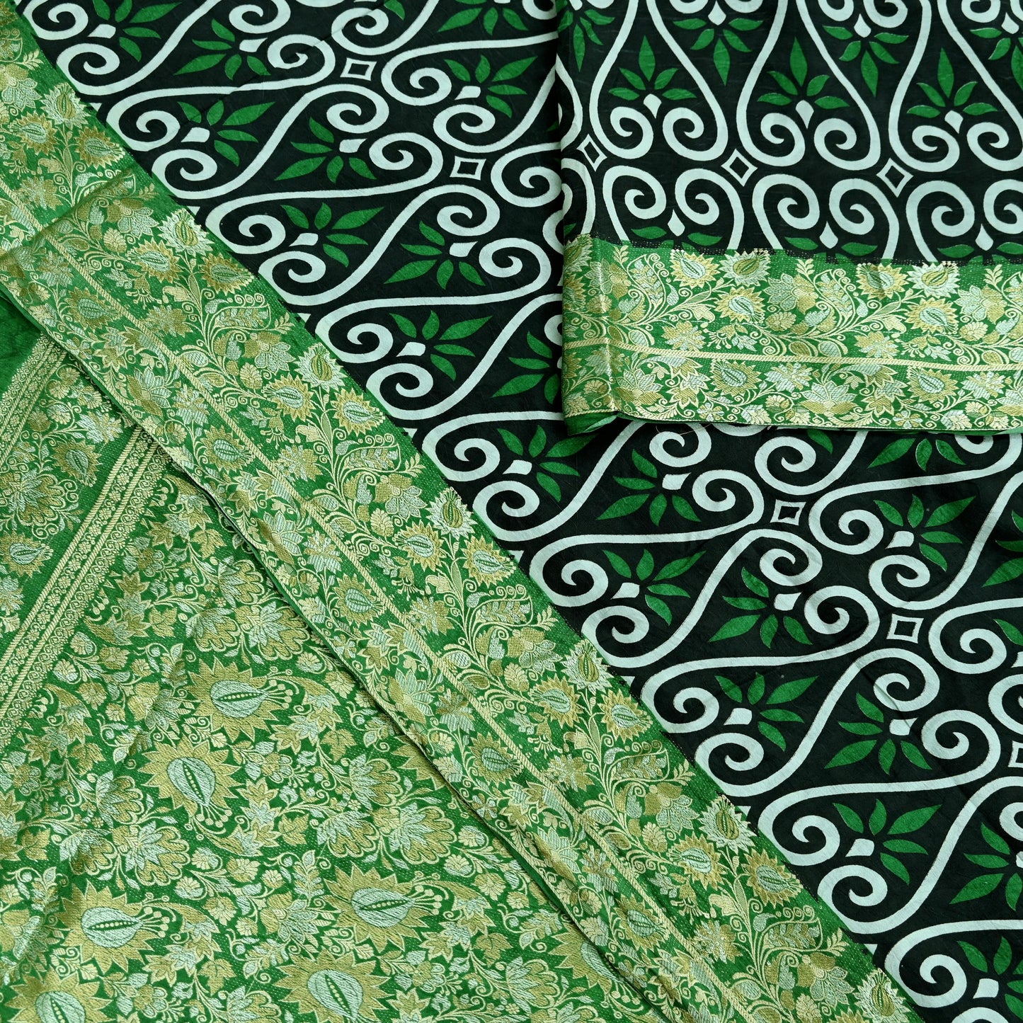Indian Vintage White & Green Saree 100% Pure Silk Woven Printed Sari Craft Fabric  Sewing Soft Dress Designing for Crafting Quilting