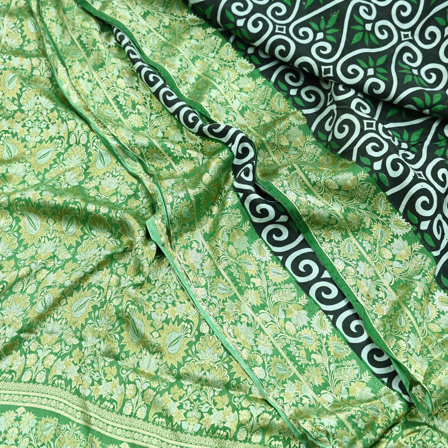 Indian Vintage White & Green Saree 100% Pure Silk Woven Printed Sari Craft Fabric  Sewing Soft Dress Designing for Crafting Quilting