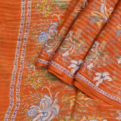 Indian Vintage Sari Orange 100% Pure Silk Printed Sarees 6yd Sewing Craft Fabric Zari Dress Making Soft Wrap Quilting Used Crafting Upcycle