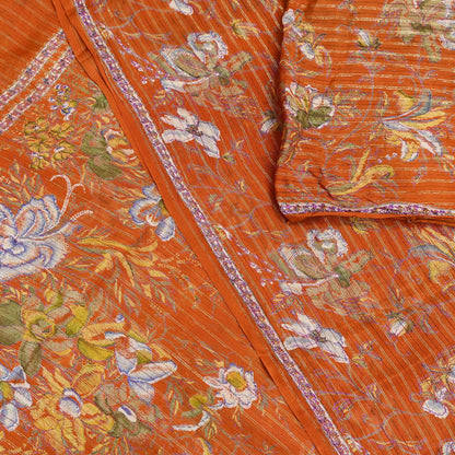 Indian Vintage Sari Orange 100% Pure Silk Printed Sarees 6yd Sewing Craft Fabric Zari Dress Making Soft Wrap Quilting Used Crafting Upcycle