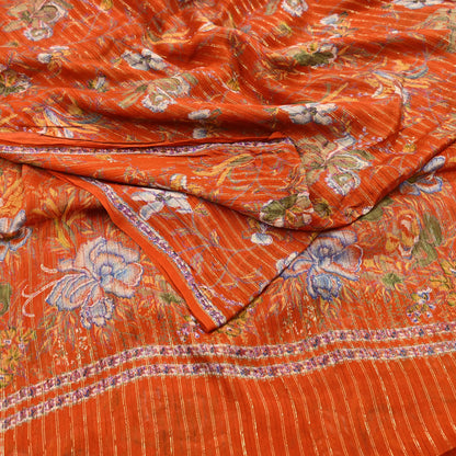 Indian Vintage Sari Orange 100% Pure Silk Printed Sarees 6yd Sewing Craft Fabric Zari Dress Making Soft Wrap Quilting Used Crafting Upcycle