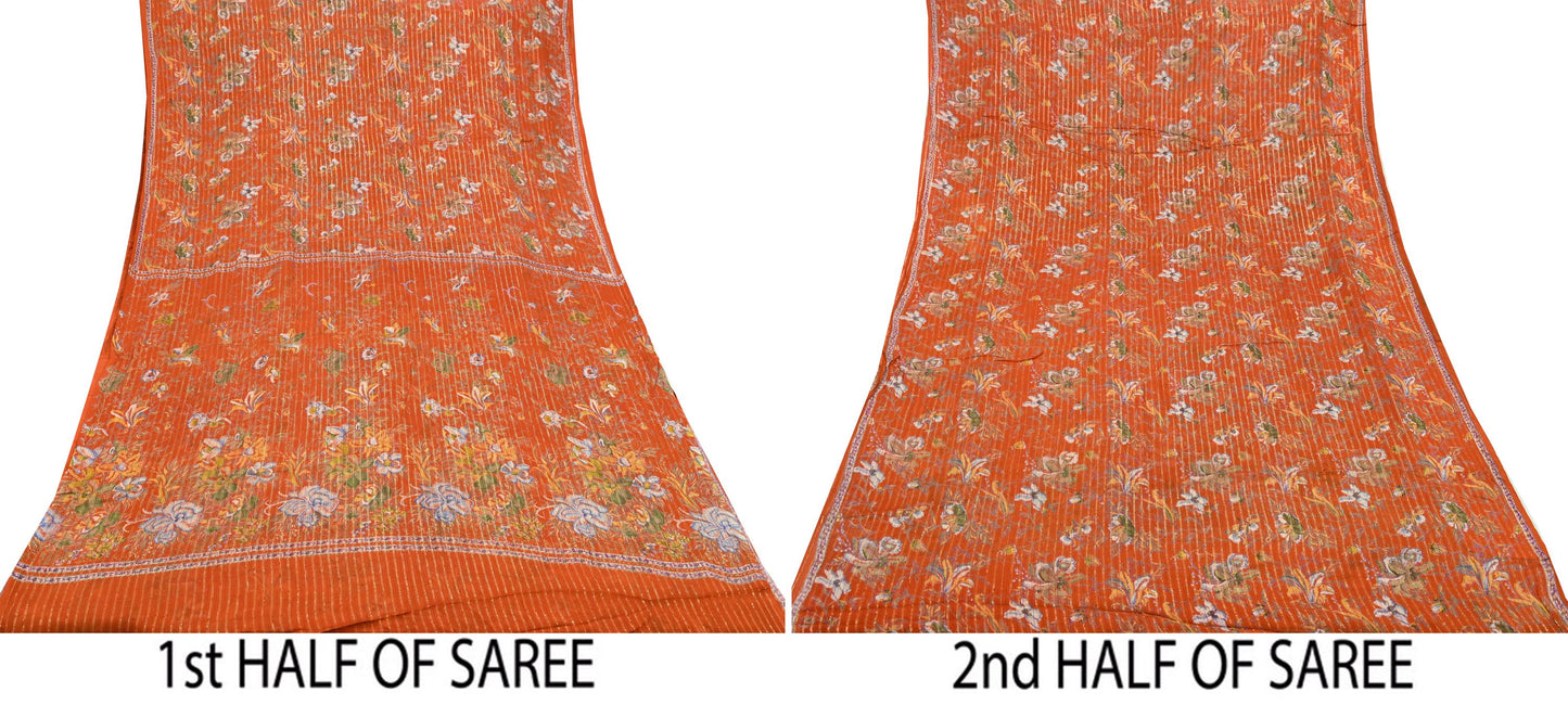 Indian Vintage Sari Orange 100% Pure Silk Printed Sarees 6yd Sewing Craft Fabric Zari Dress Making Soft Wrap Quilting Used Crafting Upcycle