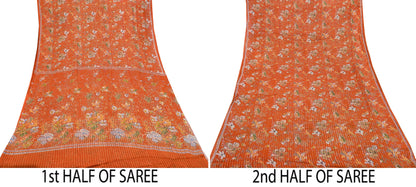 Indian Vintage Sari Orange 100% Pure Silk Printed Sarees 6yd Sewing Craft Fabric Zari Dress Making Soft Wrap Quilting Used Crafting Upcycle