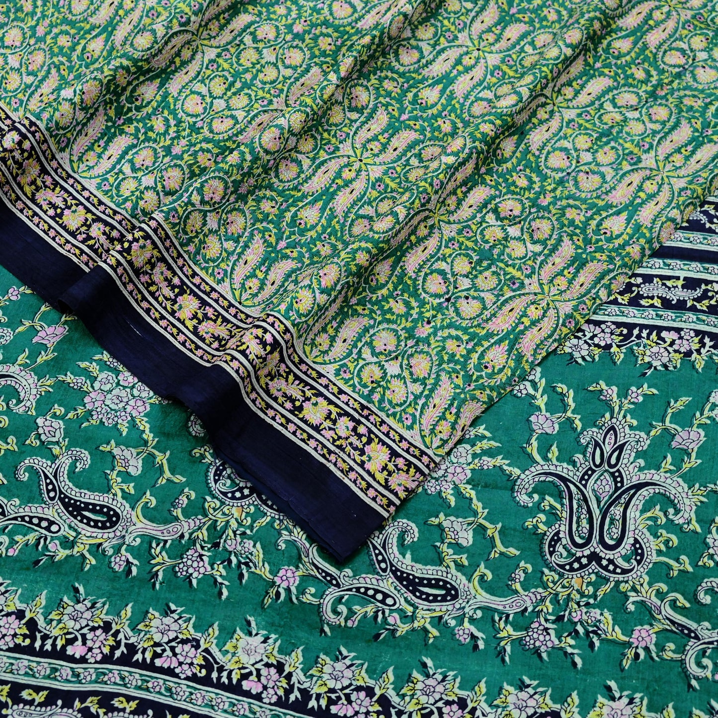 Indian Vintage Sari Green & Blue 100% Pure Silk Printed Sarees 5yd Sewing Craft Fabric Dress Making Soft Wrap Crafting Quilting Upcycle