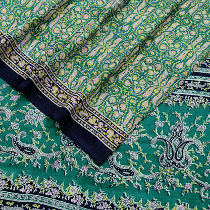 Indian Vintage Sari Green & Blue 100% Pure Silk Printed Sarees 5yd Sewing Craft Fabric Dress Making Soft Wrap Crafting Quilting Upcycle