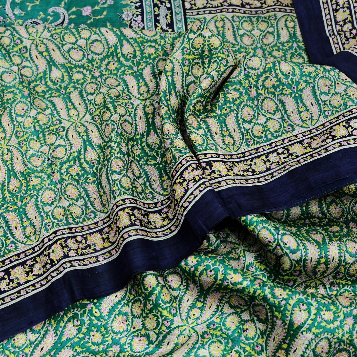 Indian Vintage Sari Green & Blue 100% Pure Silk Printed Sarees 5yd Sewing Craft Fabric Dress Making Soft Wrap Crafting Quilting Upcycle