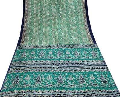 Indian Vintage Sari Green & Blue 100% Pure Silk Printed Sarees 5yd Sewing Craft Fabric Dress Making Soft Wrap Crafting Quilting Upcycle