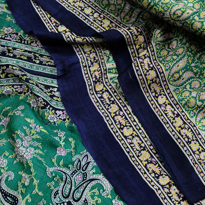Indian Vintage Sari Green & Blue 100% Pure Silk Printed Sarees 5yd Sewing Craft Fabric Dress Making Soft Wrap Crafting Quilting Upcycle