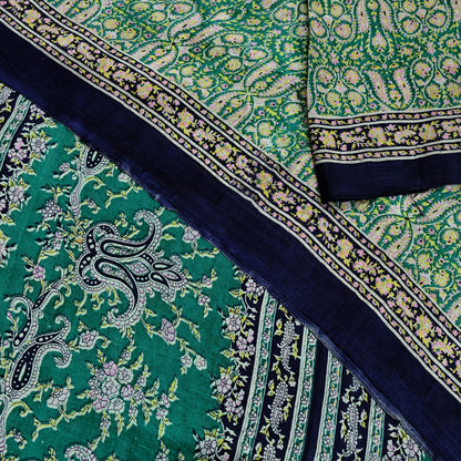 Indian Vintage Sari Green & Blue 100% Pure Silk Printed Sarees 5yd Sewing Craft Fabric Dress Making Soft Wrap Crafting Quilting Upcycle
